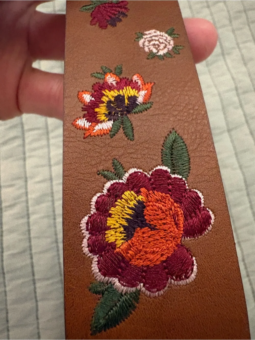 Embroidered Brown Leather Men's Belt with Floral Detail